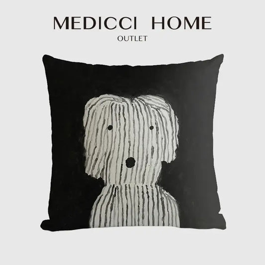 Black throw pillow with decorbites cute dog printed design featuring a white stylized dog with striped texture