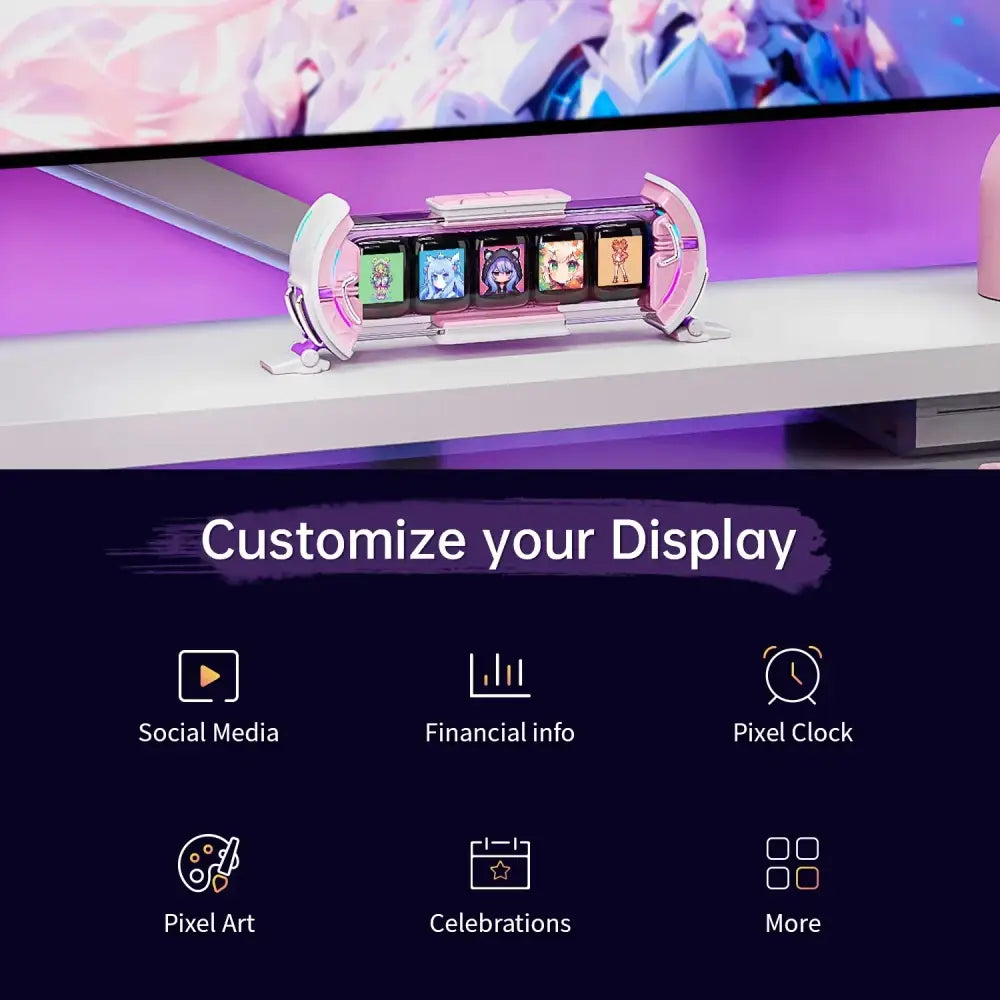 A sleek decorbites cute gaming digital clock with curved colorful screens and anime avatars in pink and white design