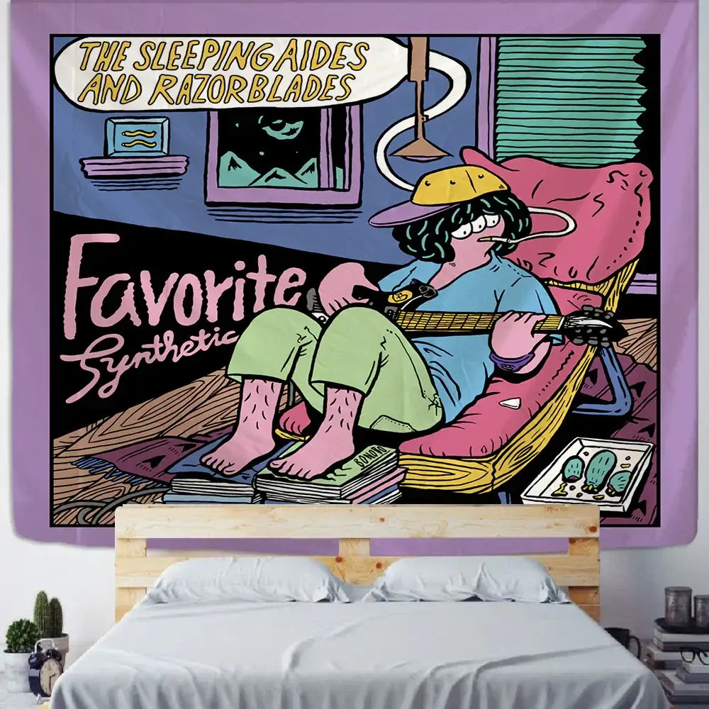 Purple-framed wall hanging decorbites cute girl cartoon tapestry with a guitar player and bold text for pink bedroom decor
