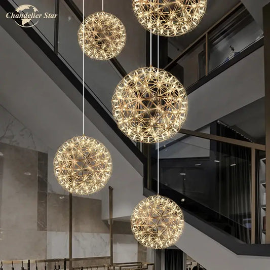 Golden spherical decorbites dandelion ball led chandelier with intricate geometric wireframe design for dining room firework effect