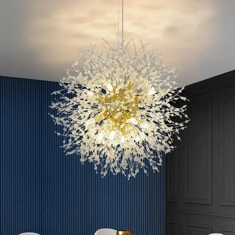 Golden decorbites dandelion chandelier with crystal drapes in radiant dandelion design for living room lighting
