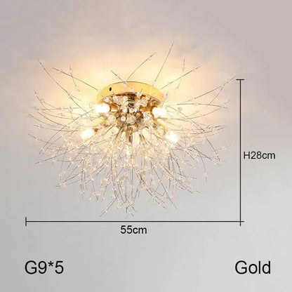 Gold decorbites dandelion chandelier with clear crystal accents and five G9 bulbs for elegant living room lighting