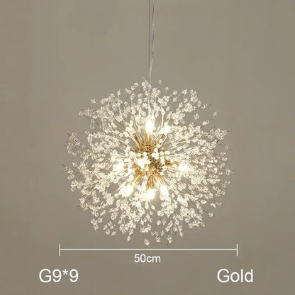 Gold-colored decorbites dandelion chandelier with crystal accents and nine g9 bulbs for living room lighting