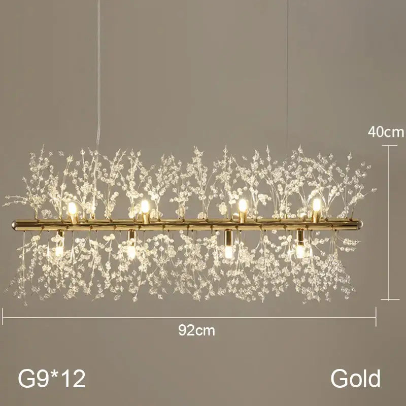 Gold decorbites dandelion chandelier with intricate crystal branches and twelve g9 bulbs for modern living room lighting