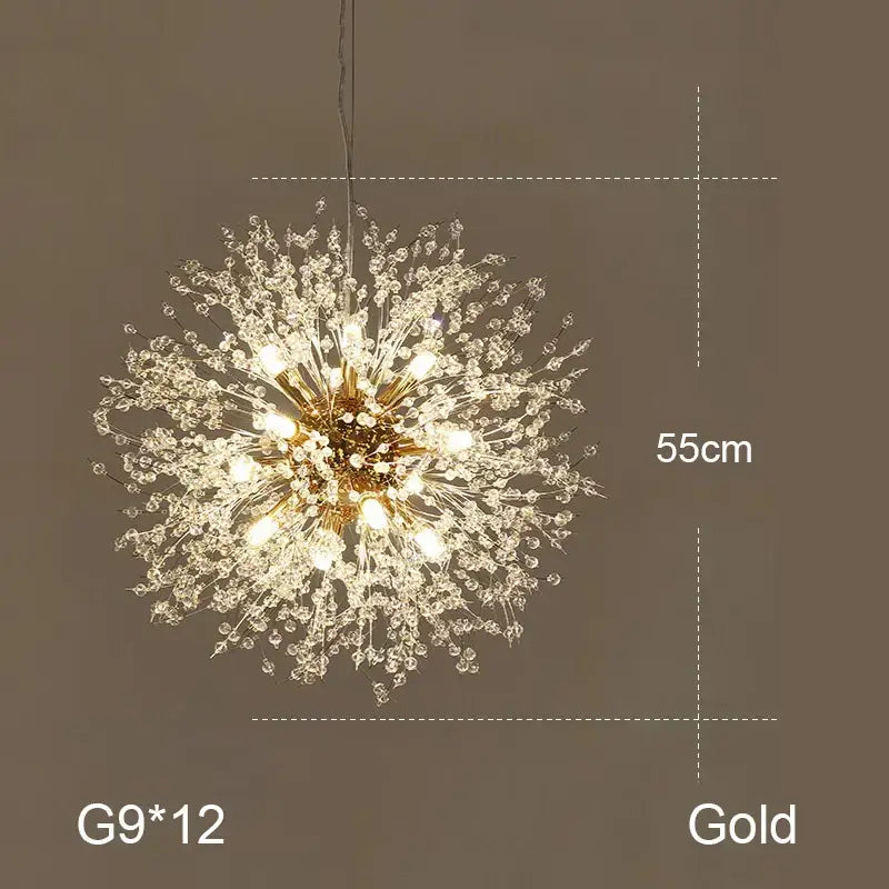 Gold-toned decorbites dandelion chandelier with 12 g9 bulbs and crystal droplets for elegant living room lighting