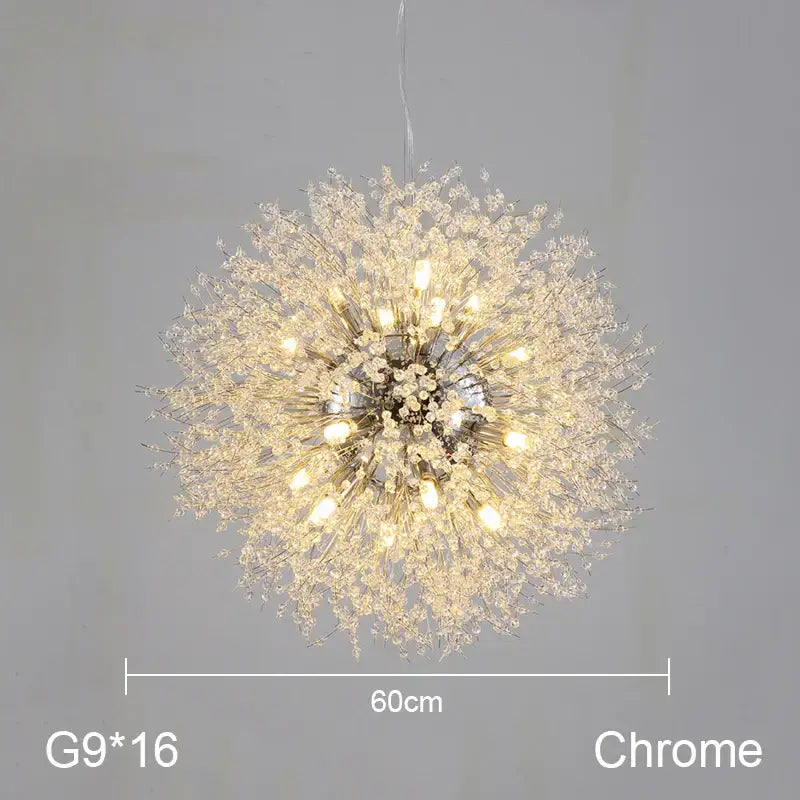 A sparkling chrome decorbites dandelion chandelier with 16 g9 bulbs resembling a gold crystal seed head light