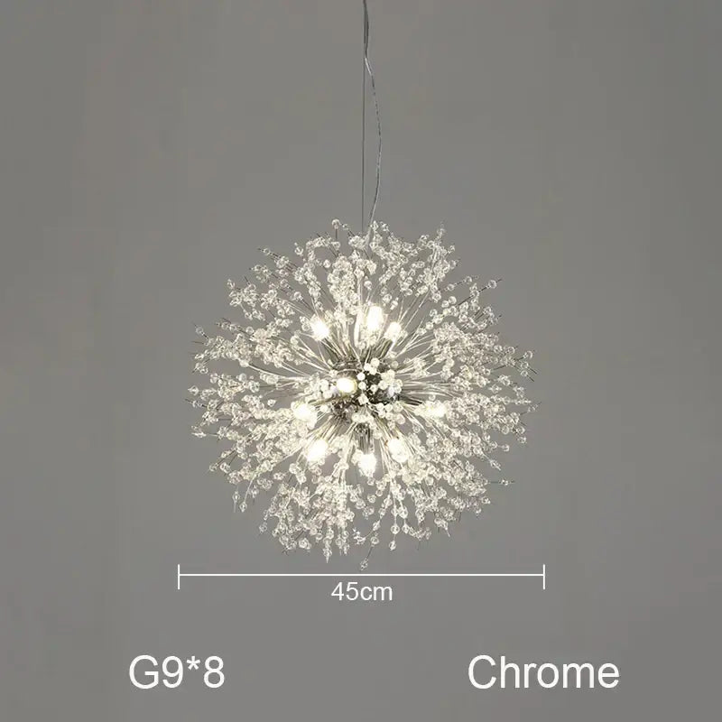 Chrome-finished decorbites dandelion chandelier with sparkling crystal accents and eight g9 bulbs for living room lighting