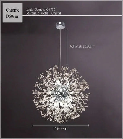 Chrome metal and crystal decorbites dandelion chandelier with 16 g9 bulbs gold crystal sparkle ball for living room