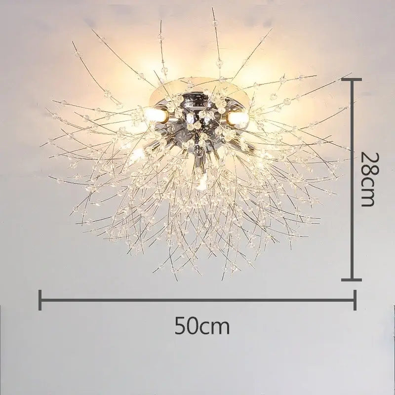 A sparkling chrome and crystal decorbites dandelion crystal led ceiling light with delicate glass strands for living room