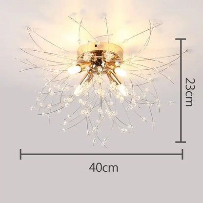 Gold-toned decorbites dandelion crystal led ceiling light with slender metallic arms and delicate crystal accents for living room