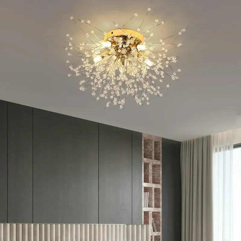 Gold-toned decorbites dandelion crystal led ceiling light with delicate crystal branches for living room illumination