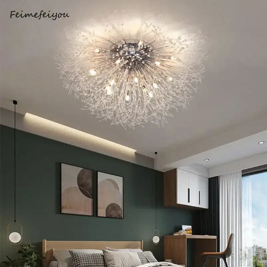 A sparkling silver decorbites dandelion crystal led ceiling light with crystal filaments for living room lighting
