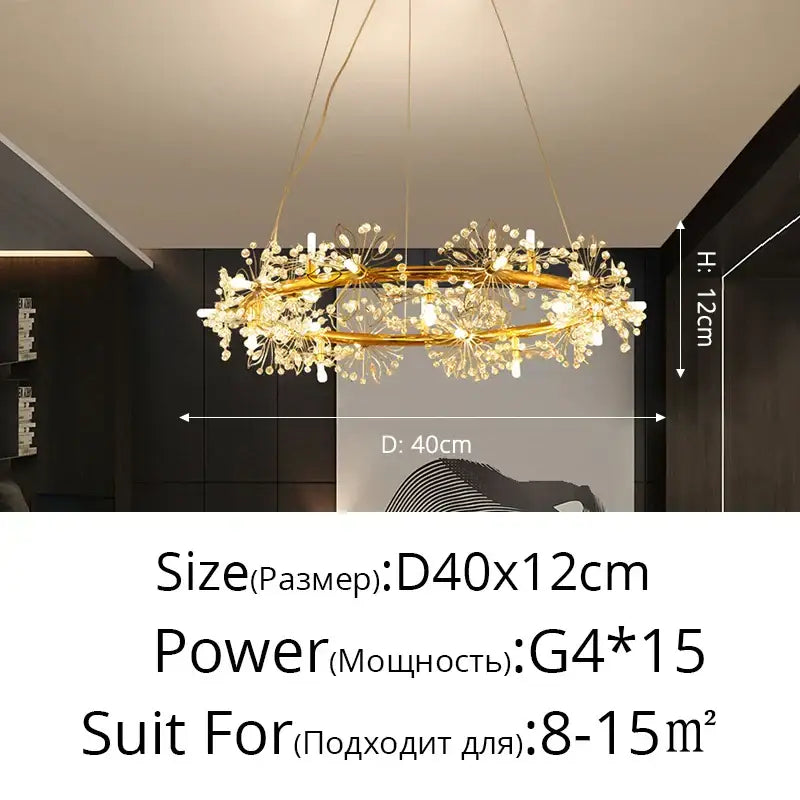 Gold-toned decorbites dandelion flower chandelier with intricate crystal clusters and circular black metal frame for living rooms