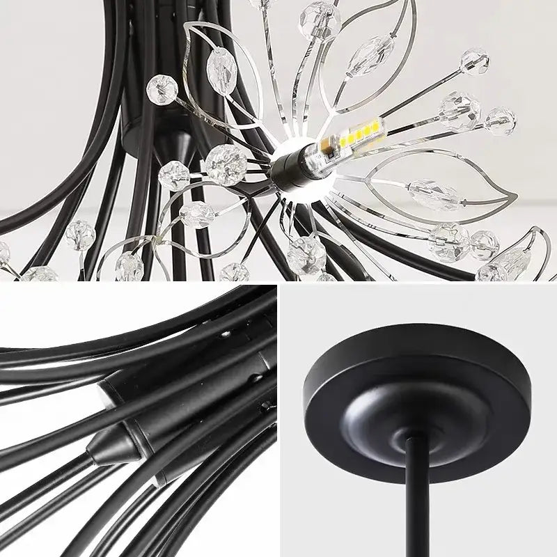 Black metal living room chandelier with crystal accents and modern flower design decorbites dandelion flower chandelier