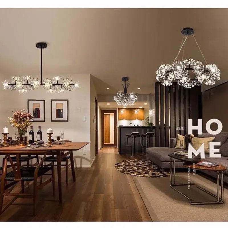 Elegant decorbites dandelion flower chandelier black metal with sparkling crystal fixtures for living room lighting