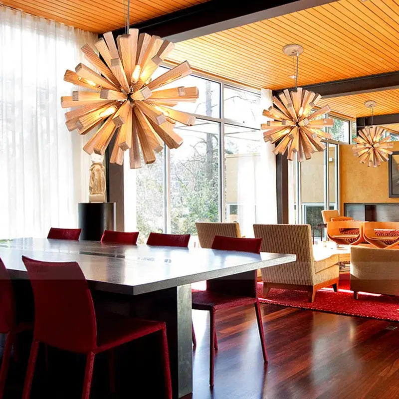 Decorbites dandelion wooden pendant lights with warm starburst glow for dining room pendant lighting