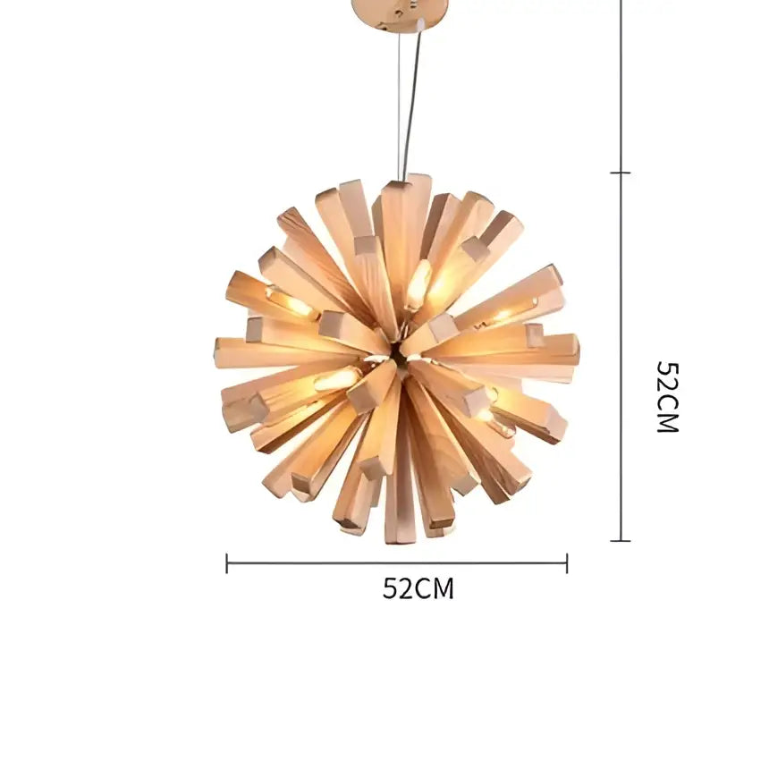 A warm-toned 52cm diameter decorbites dandelion wooden pendant light with radial design and visible wood grain for dining room