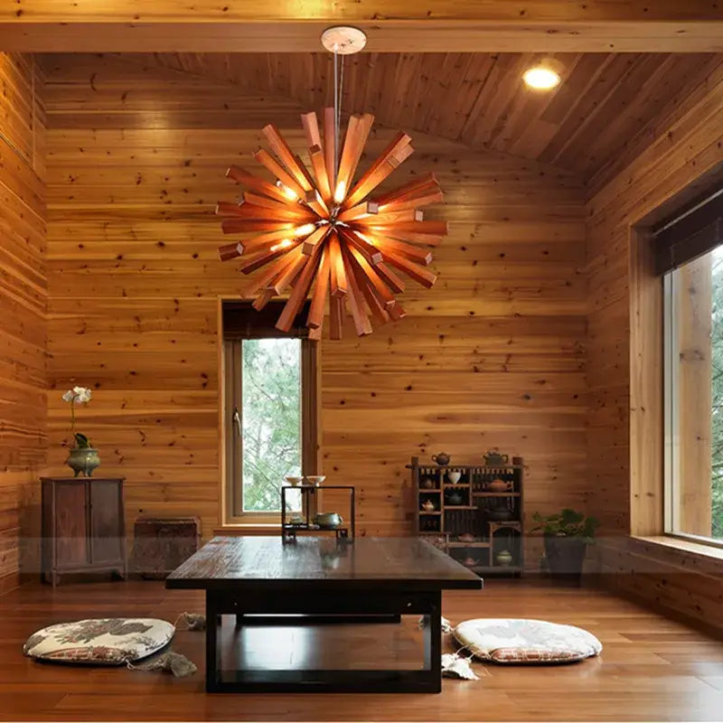 Warm-toned wooden starburst decorbites dandelion wooden pendant lights suspended ceiling for dining room glow