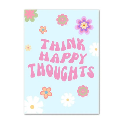 Decorbites danish pastel flower canvas wall art features a pastel blue card with bold pink think happy thoughts text and colorful flowers