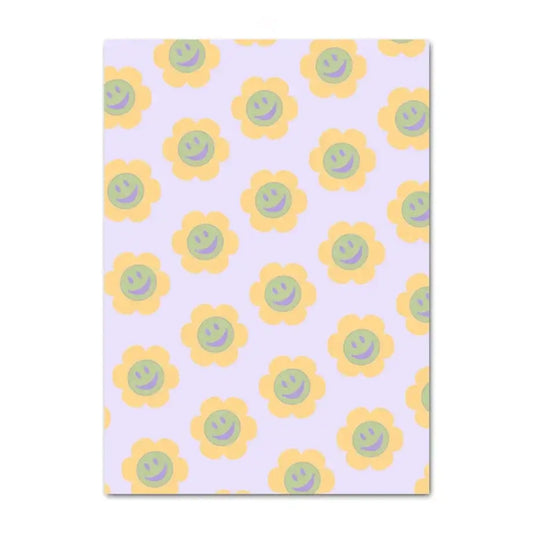 Decorbites™ danish pastel lavender notepad with cheerful smiley flower wall art pattern in yellow and green