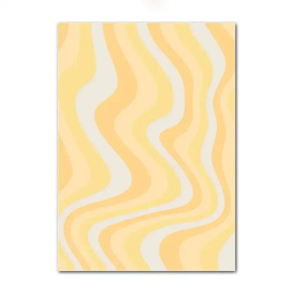 A rectangular decorbites danish pastel smiley flower wall art print with flowing wavy stripes in soft yellow and off-white hues