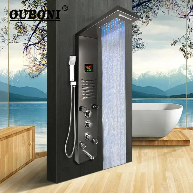 Black ouboni decorbites dark grey led shower panel with rainfall spa jets chrome accents and digital display