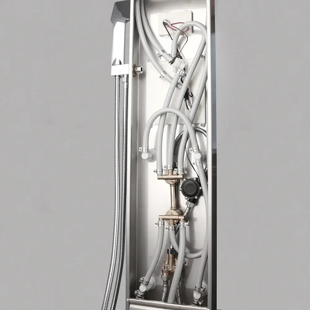 Modern chrome finished decorbites dark grey led shower panel with sleek curved gray hoses and rainfall spa jets