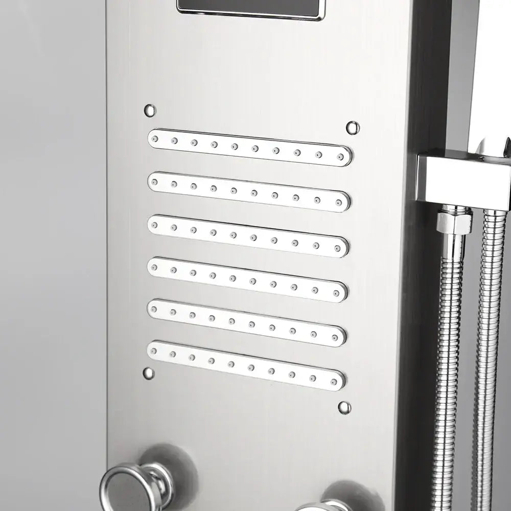 Chrome-finished decorbites dark grey led shower panel with five horizontal led light rows and modern sleek design