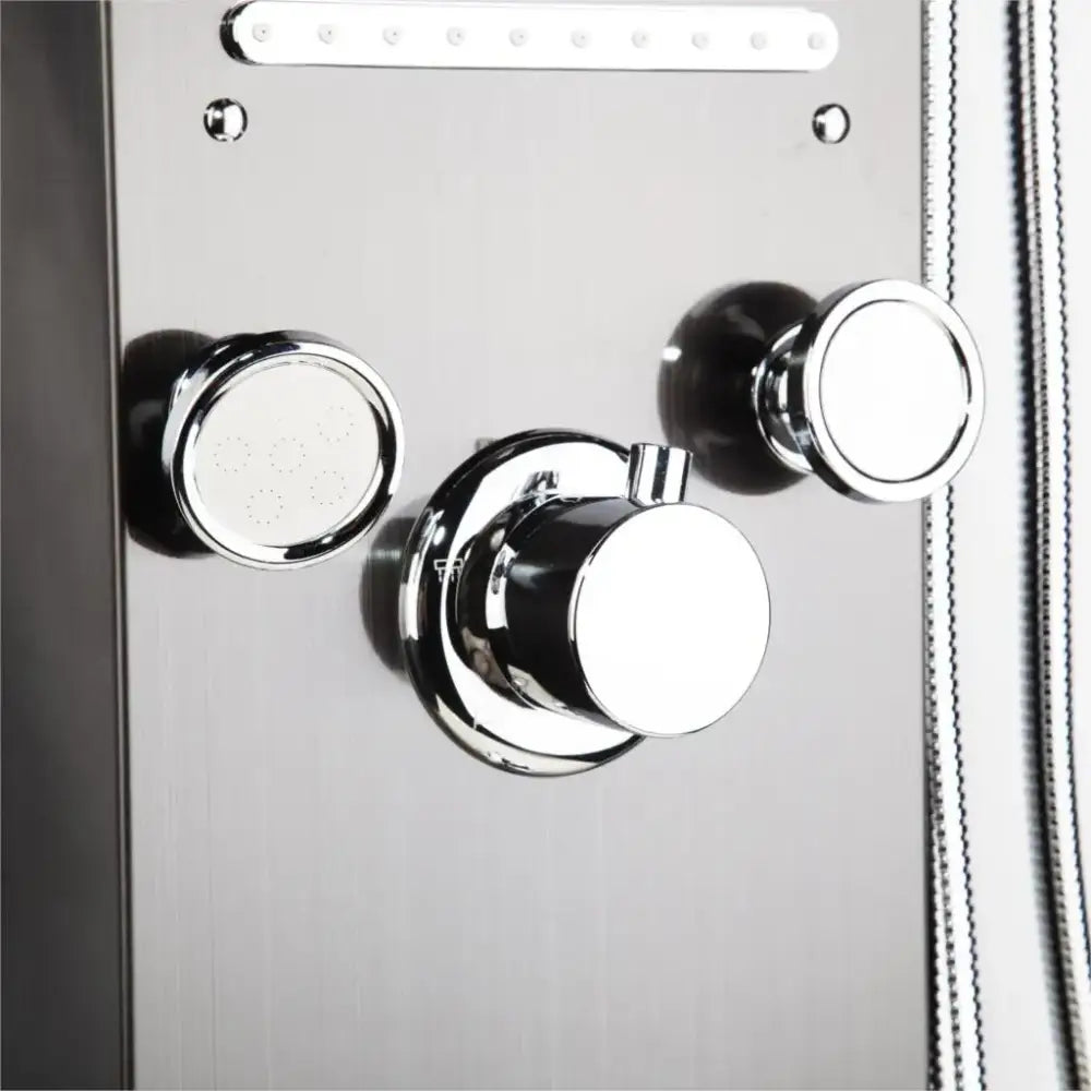 Chrome finished shower panel with three circular knobs and integrated led light strip by decorbites dark grey led model