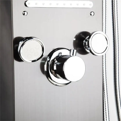 Chrome finished shower panel with three circular knobs and integrated led light strip by decorbites dark grey led model
