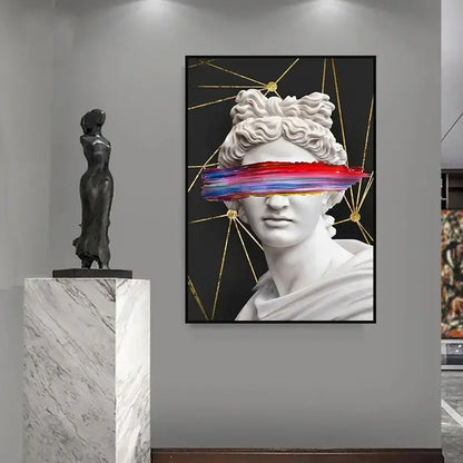 DecorBites™ David graffiti art canvas print featuring a classical white marble statue with vibrant red and blue brushstrokes