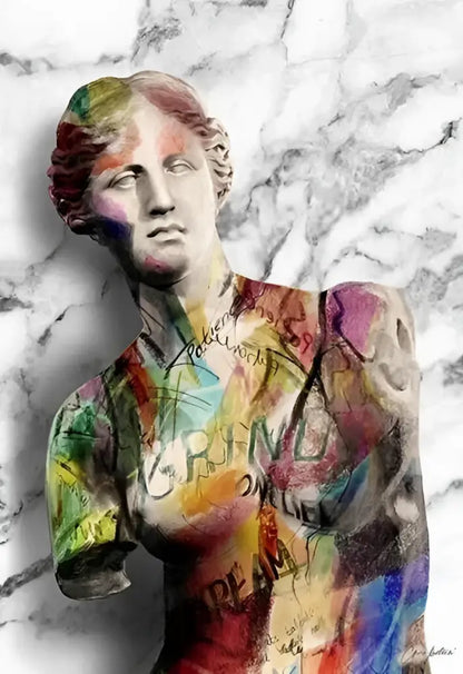 Decorbites™ david graffiti art canvas print featuring a vibrant abstract female sculpture with rainbow hair and markings