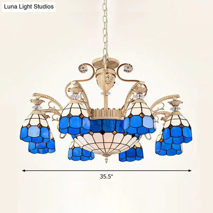 DecorBites™ dazzling Baroque chandelier light fixture in blue and white stained glass with gold-toned metal frame
