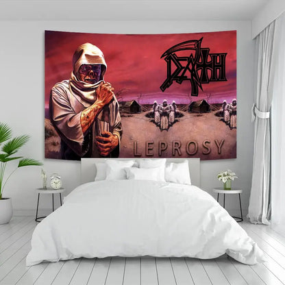 Decorbites deaths metal white and red wall tapestry featuring a gothic dark leprosy album cover illustration