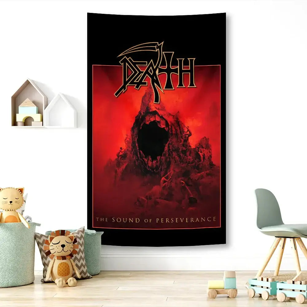 Black wall tapestry featuring decorbites deaths metal logo and fiery red album art for deaths metal trend bedroom decor