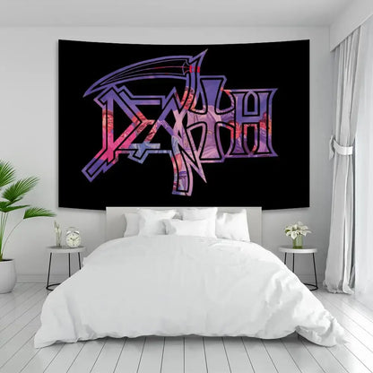 Vibrant decorbites deaths metal wall tapestry with gradient white and red lettering on black background for bedroom art