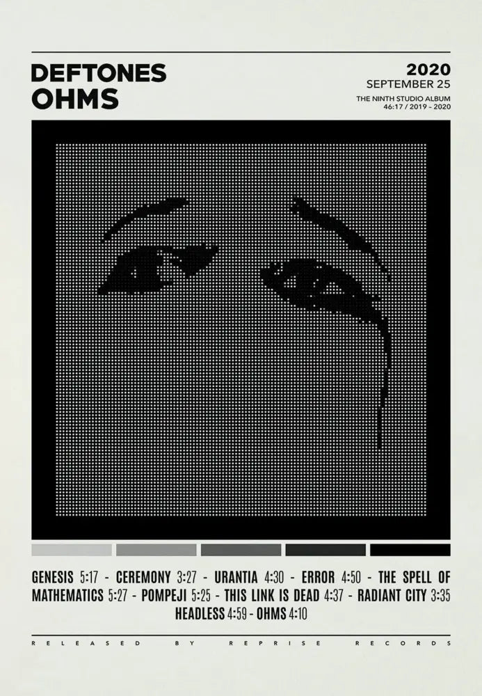 Decorbites deftones canvas painting featuring black and white pixelated ohms album cover with stylized eye design