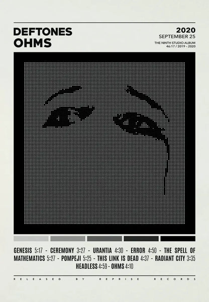 Decorbites deftones canvas painting featuring black and white pixelated ohms album cover with stylized eye design