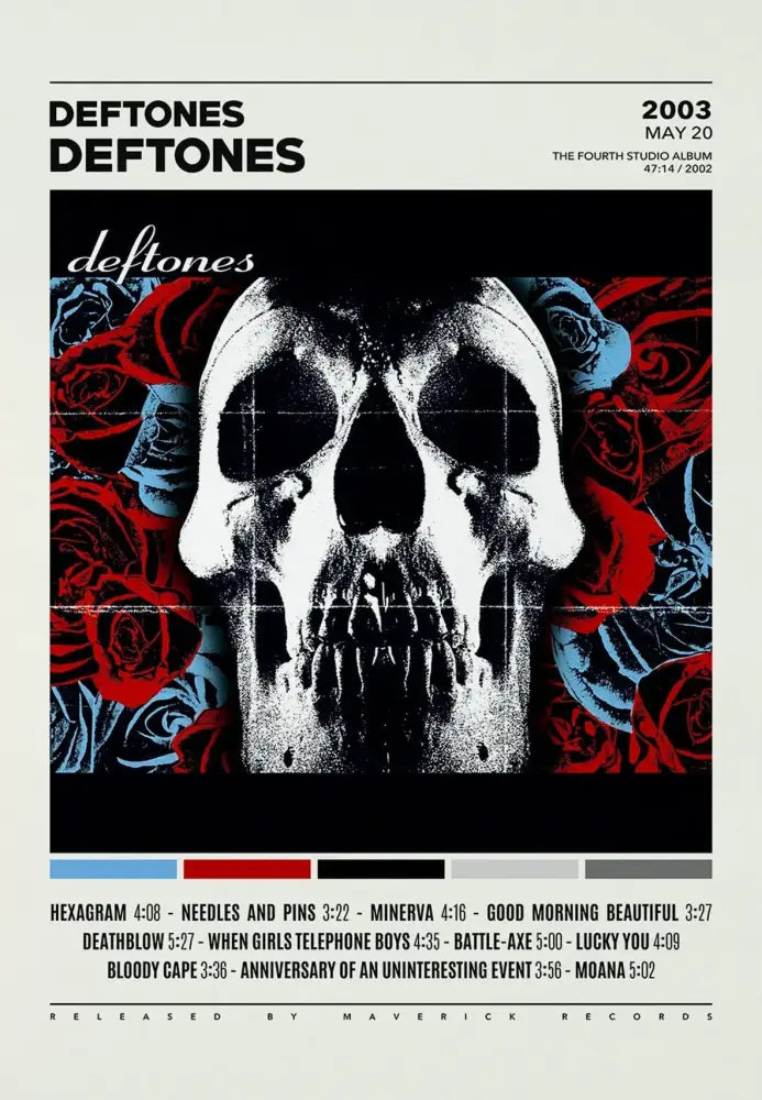 Decorbites deftones canvas painting featuring black and white skull with red and blue roses for album cover wall art