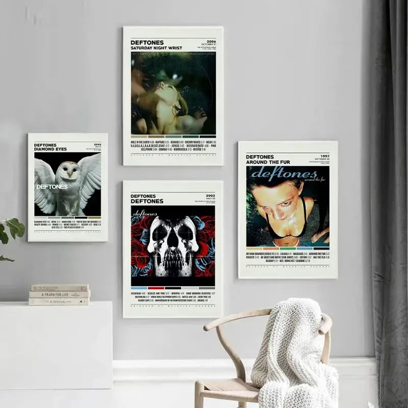 Four white-framed deftones canvas painting prints featuring colorful and black-and-white album cover wall art designs