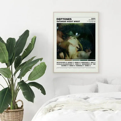 A deftones canvas painting featuring saturday night wrist vintage design on matte paper in a white frame decorbites wall art