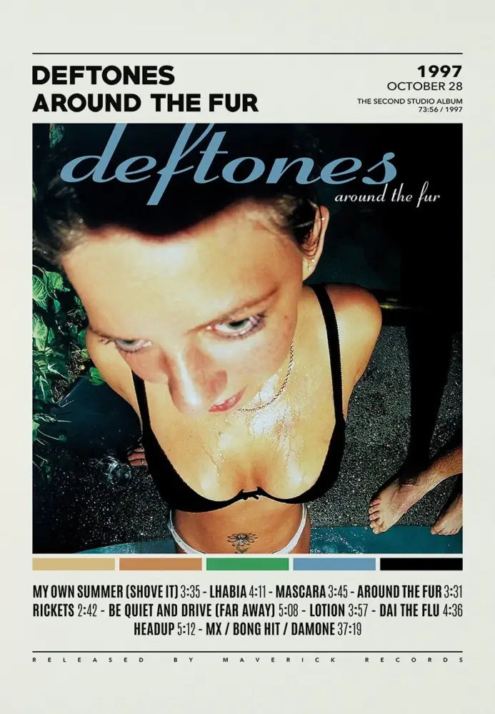 Decorbites deftones canvas painting featuring woman in black bikini top with wet hair and tattoos outdoors wall art