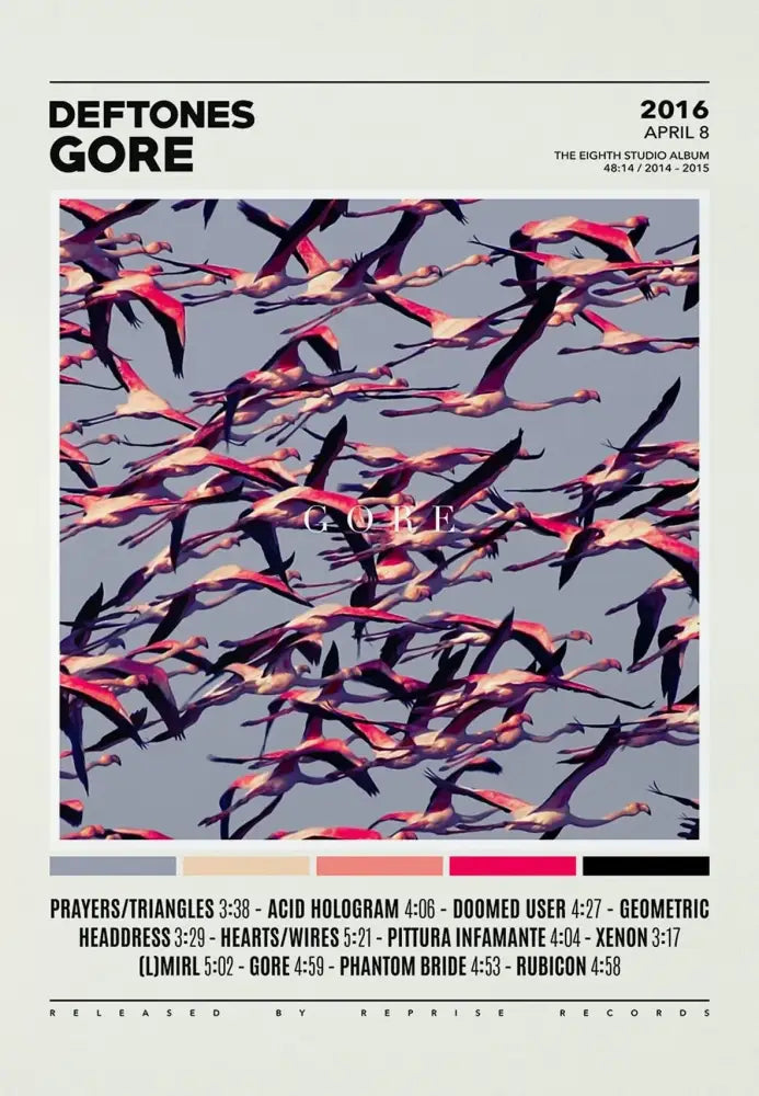 Decorbites deftones canvas painting wall art featuring pink and black flamingos on a muted gray sky background