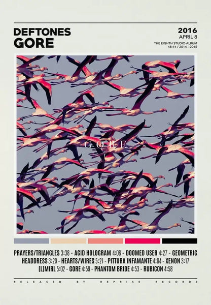 Decorbites deftones canvas painting wall art featuring pink and black flamingos on a muted gray sky background