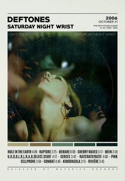Decorbites deftones canvas painting featuring vintage saturday night wrist album cover with grainy imagery and bold typography