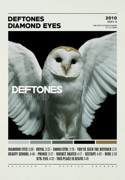 White barn owl with outstretched wings on deftones canvas painting with high contrast black background wall art