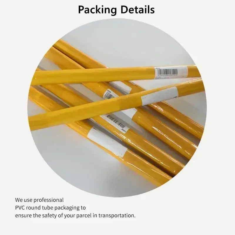 Yellow pvc round tubes wrapped in clear plastic with white barcode labels for deftones canvas painting wall art packaging