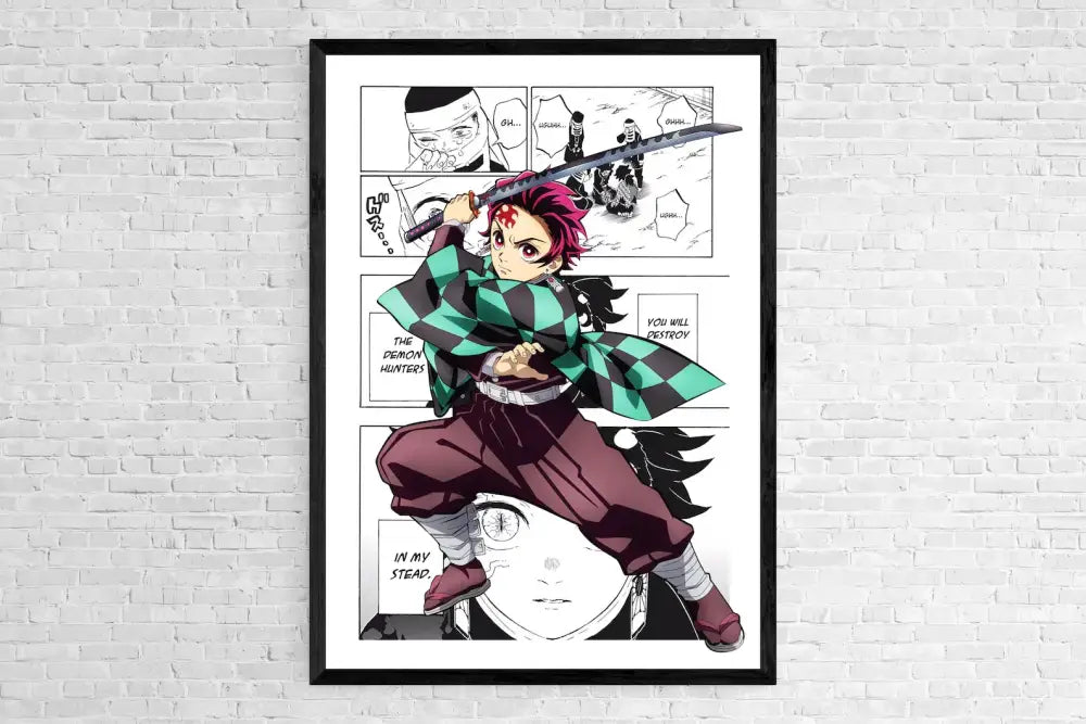 Black-framed demon slayer canvas poster featuring a character in green and black checkered attire for home decor