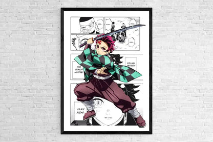 Black-framed demon slayer canvas poster featuring a character in green and black checkered attire for home decor