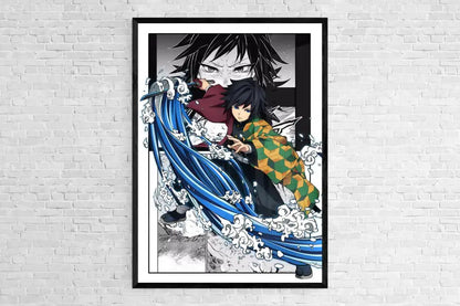 Black-framed demon slayer canvas poster featuring two characters with green checkered cloak and blue water effects for home decor